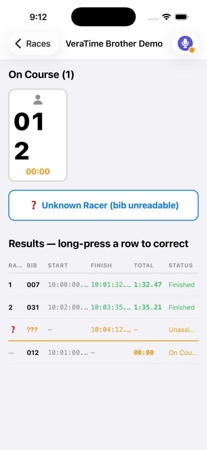 VeraTime race director dashboard